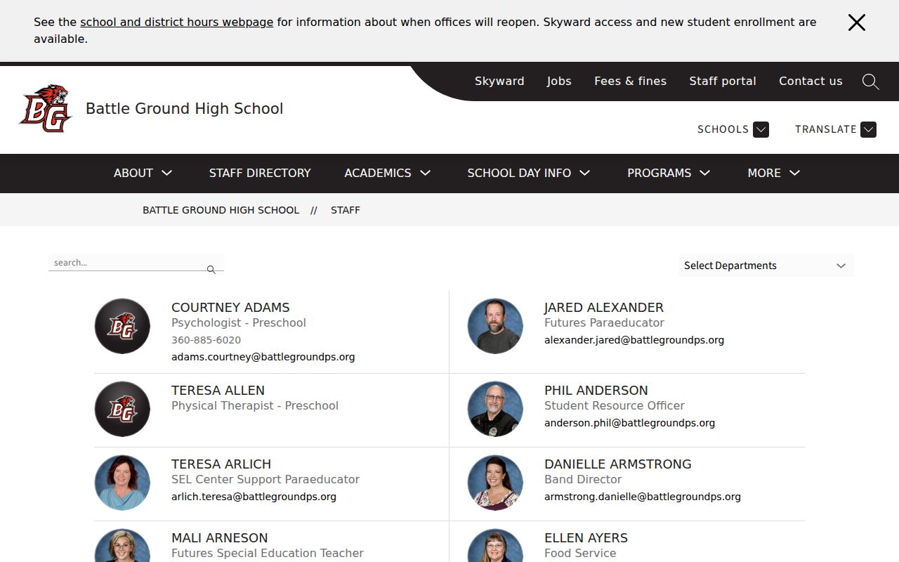 Battle Ground people directories school staff cards